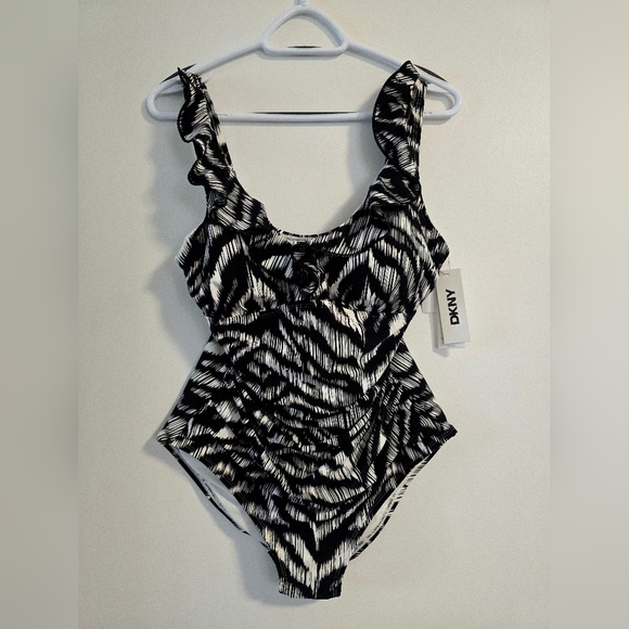 DKNY Monochrome Black White Ruffles Patterned Swimsuit Padded Wire Size L - Picture 2 of 7